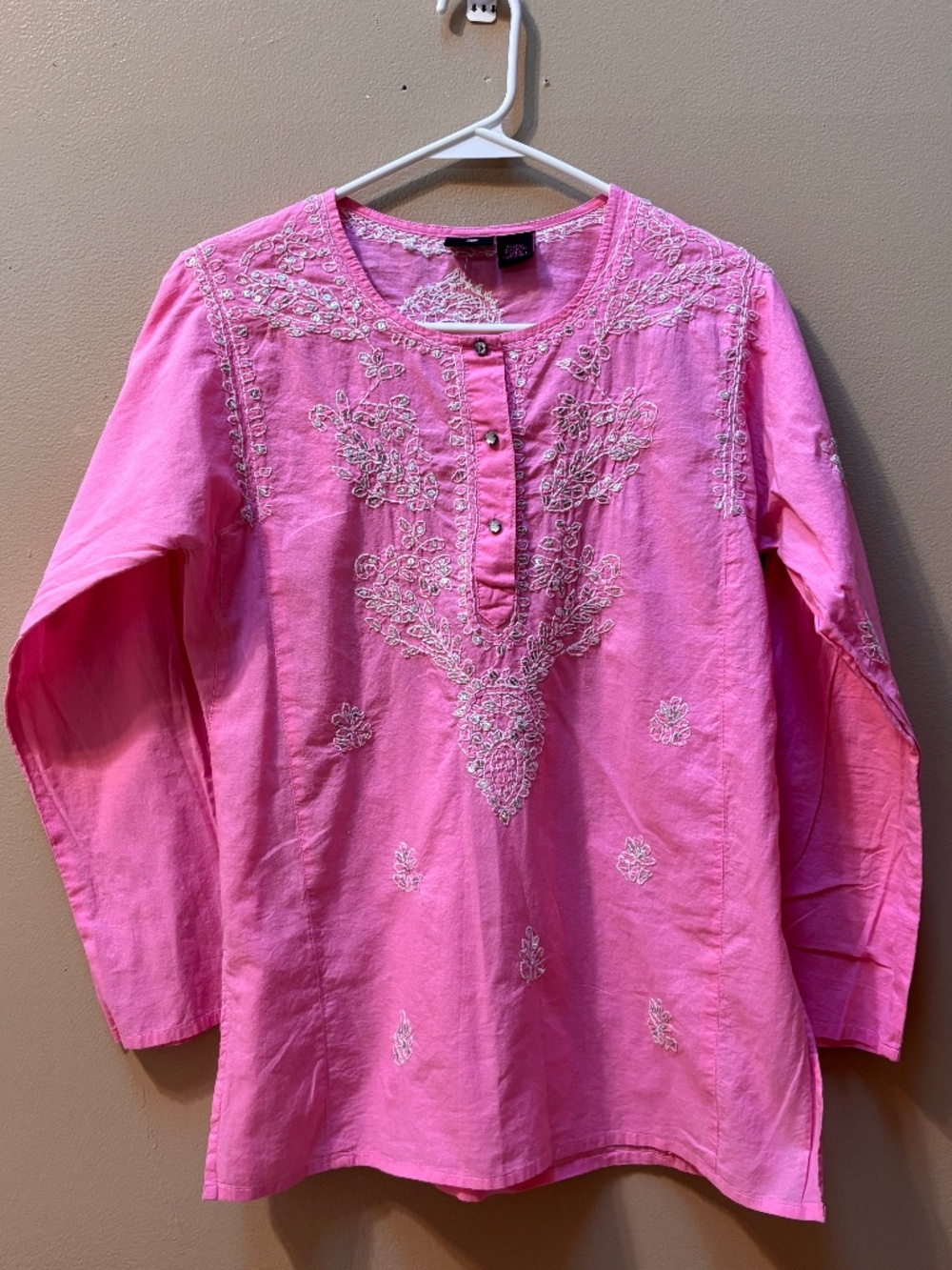 Willi Smith Hot Pink Embroidered Barbie Boho Long Sleeve Beaded Top Size M